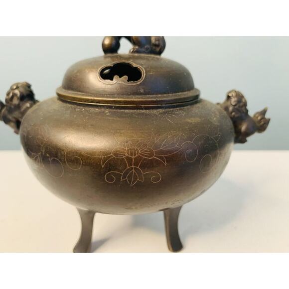 Shuraku Period Chinese Bronze Lion Inlaid Incense Burner Foo Dog Foot Feng Shui - Picture 2 of 12